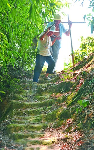 雷卓礼和妻子牵着手下梯坎