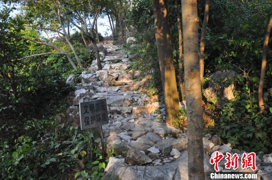 图为修路老人们在白岩山修建连接两座山峰的石路　周潇男　摄